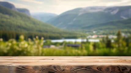 The empty wooden brown table top with blur background of Norway nature landscape. Exuberant image....