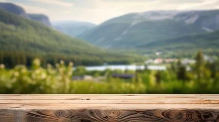Fotobehang The empty wooden brown table top with blur background of Norway nature landscape. Exuberant image. generative AI © Summit Art Creations