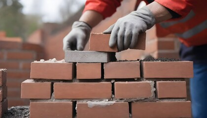 A bricklayer constructs a stone wall using wood, metal tools, and building materials like bricks and rocks