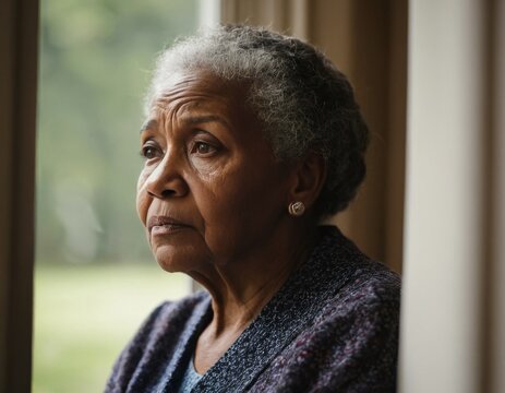 An african american senior woman is looking out the window. She is sad or contemplative