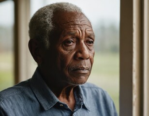 An african american senior man is looking out the window. He is sad or contemplative