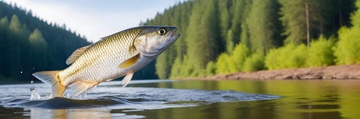 Rainbow trout jumping out of the water with a splash. Fish above water catching bait. Panoramic banner with copy space - obrazy, fototapety, plakaty