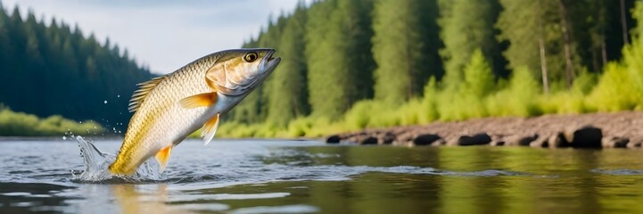 Rainbow trout jumping out of the water with a splash. Fish above water catching bait. Panoramic banner with copy space - obrazy, fototapety, plakaty