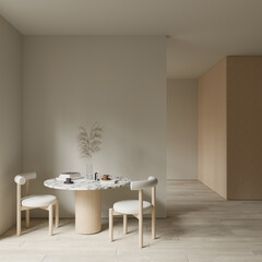 Modern Scandinavian dining room  design , with table and chairs , empty wall space mock up , 3d rendering