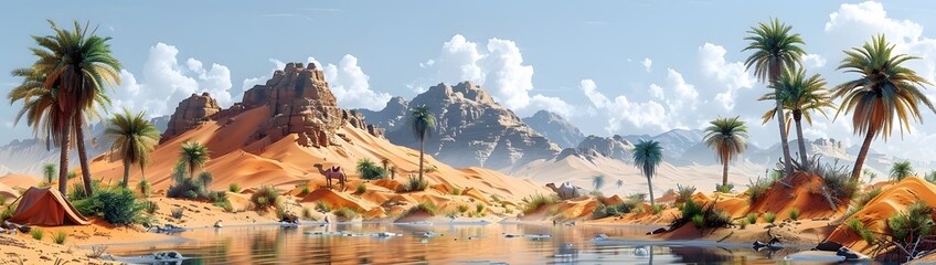 Desert oasis scenery pack, with a small water pond, palm trees, camels, and a tent, designed for a survival or adventure game, isolated on a transparent PNG background