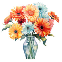 Bouquet of gerbera flowers in a clear jar watercolor illustration clipart isolate on transparent background	