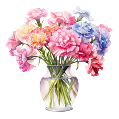 Bouquet of carnation flowers in a clear jar watercolor illustration clipart isolate on transparent background	