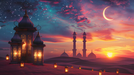 Traditional Arabian lantern standing on the sands of a serene desert under the crescent moon, evoking Ramadan's spirituality and the tranquil beauty of an endless background