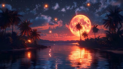 Nighttime desert oasis scene, with a moonlit sky, glowing fireflies, and a reflective water pond surrounded by palm trees, creating a mystical atmosphere, isolated on a transparent PNG background