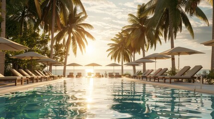 Luxurious beach resort with swimming pool and loungers umbrellas with palm trees - obrazy, fototapety, plakaty