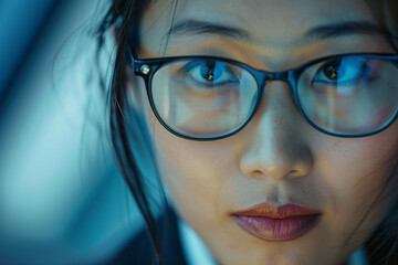 close-up photo focusing on the serene expressions of Asian data scientists as they analyze data and discuss strategies, highlighting the sophistication of the office environment, p