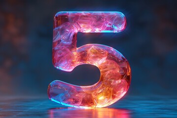 Number 5 - colorful glowing outline alphabet symbol on blue lens isolated white background - obrazy, fototapety, plakaty