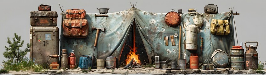 Post-apocalyptic survival kit, featuring rusty tools, a makeshift shelter,a campfire rendered in a realistic style