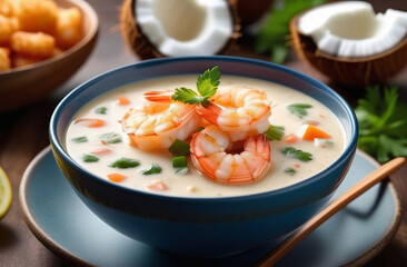 Tom Yam kung spicy Thai soup with prawn and coconut milk. Traditional asian spicy coconut milk soup. Cream soup. Coconut Shrimp Soup