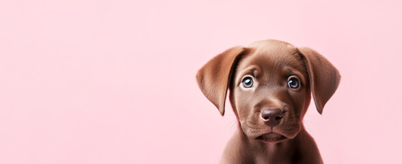 A cute and adorable Labrador Retriever puppy on soft pink background, banner with copy space for Puppy Day, caring for puppies and dogs in need and provides resources for medical care, food, shelter