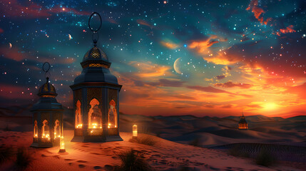 Fototapeta premium Traditional Arabian lantern standing on the sands of a serene desert under the crescent moon, evoking Ramadan's spirituality and the tranquil beauty of an endless background