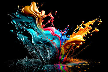 Colorful water  droplets and splashes on black background.. Generative AI.