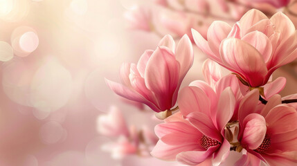 Pink magnolia branch with blooming pink flowers on a pastel pink background. Template for wedding...