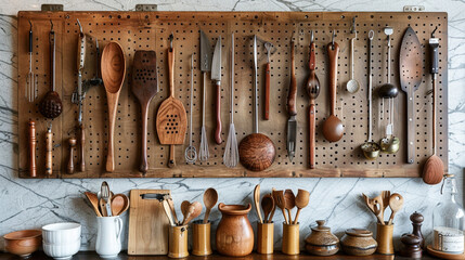 A wall-mounted pegboard showcasing a curated display of handcrafted kitchen utensils, adding functionality with a touch of rustic charm.