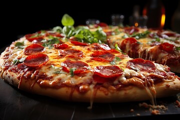 Pepperoni pizza on black clean background, delicious tasty pepperoni pizza on dark black table counter, copy space, top view, above, flat lay, banner, menu, pizzeria, restaurant - obrazy, fototapety, plakaty