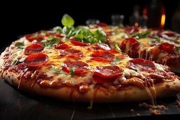 Foto auf Acrylglas Pepperoni pizza on black clean background, delicious tasty pepperoni pizza on dark black table counter, copy space, top view, above, flat lay, banner, menu, pizzeria, restaurant © Poulami