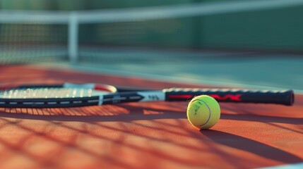 A tennis ball rolls on a tennis court with a tennis racket on top.
