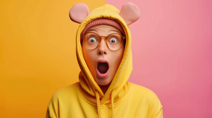 A surprised person in a yellow hoodie with mouse ears looks astonished against a vibrant pink and orange background.
