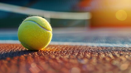 A tennis ball rolls on a tennis court with on top. 