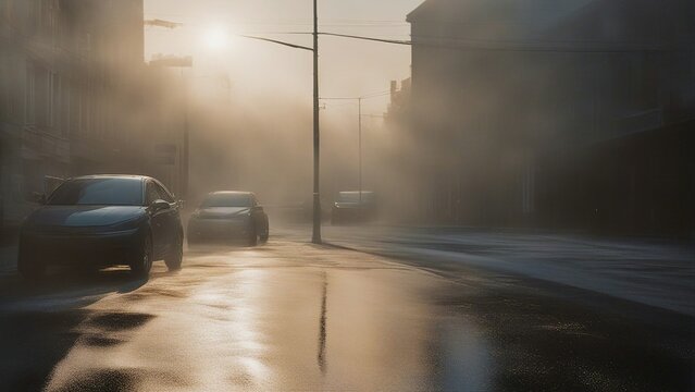 fog in the city  wet asphalt reflects the rays of light from the colors and shapes. The smoke and smog  