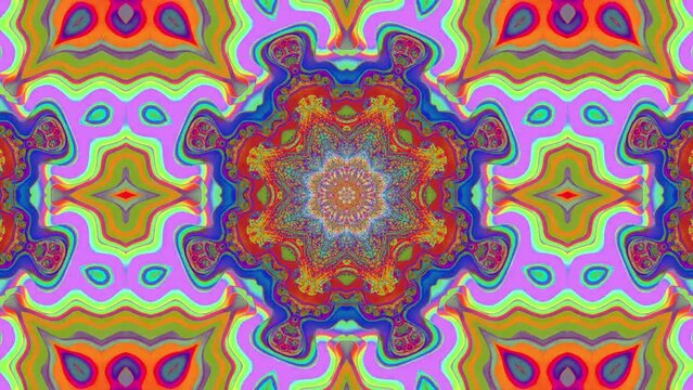 Neon colors in a psychedelic swirl mandala evoking a 60s retro vibe.