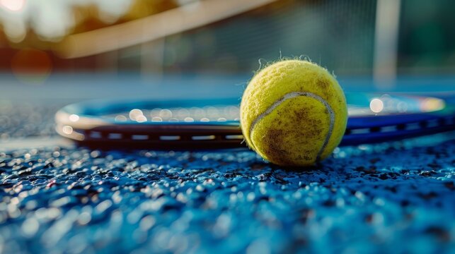 A tennis ball rolls on a tennis court with a tennis racket on top.
