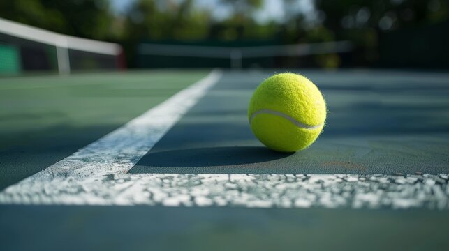 A tennis ball rolls on a tennis court with on top.