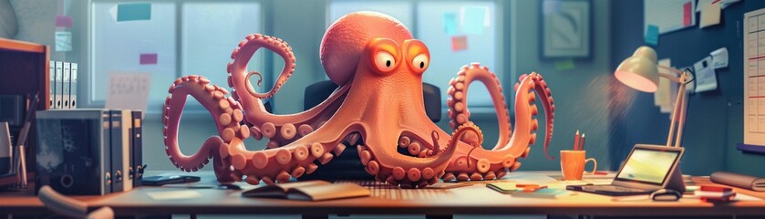 Dynamic office scene with a smiling octopus masterfully balancing a spectrum of tasks a beacon of multitasking prowess