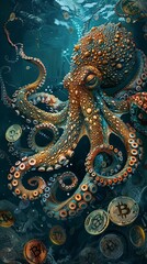 In the depths of the digital sea an octopus trades Bitcoin its tentacles entwined around symbols of finance and technology