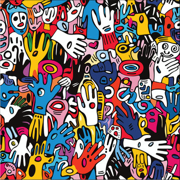 Abstract hand with face seamless pattern stroke for kids. Geometric hand drawn print, textile, wallpaper.vector illustration.