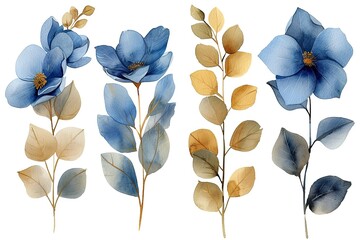 Watercolor design elements blue gold roses flowers, leaves, eucalyptus, branches set for wedding...