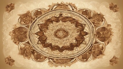 vintage background with flowers _A brown mandala of sacred geometry on a light gold background. Hexagons, stars, and flowers  