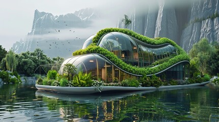 A futuristic dome structure designed for sustainable living, nestled in a serene landscape with a mountainous backdrop, reflecting in the calm waters.