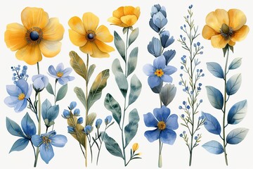 Watercolor design elements blue gold roses flowers, leaves, eucalyptus, branches set for wedding stationary