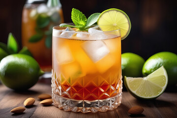 Fototapeta premium Mai Tai tropical cocktail with aged Jamaican Rum, fresh ingredients, Lime and Mint garnish cocktail Mai Tai with rum, orange liqueur, lime juice and Amaretto syrup. Сocktail card, cocktail menu