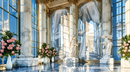 Luxurious Baroque Palace Interior, Ornate Gold Decorations and Marble Sculptures in Russias Historic Museum