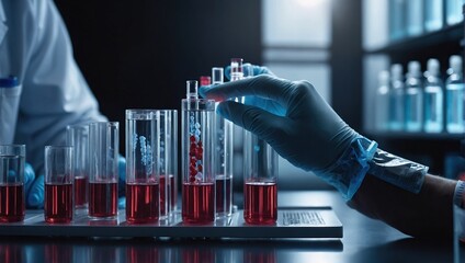 scientist holding medical testing tubes or vials of medical pharmaceutical research with blood cells and virus cure using DNA genome sequencing biotechnology as wide banner hologram - obrazy, fototapety, plakaty