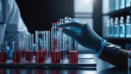 Fotobehang scientist holding medical testing tubes or vials of medical pharmaceutical research with blood cells and virus cure using DNA genome sequencing biotechnology as wide banner hologram © MBH 
