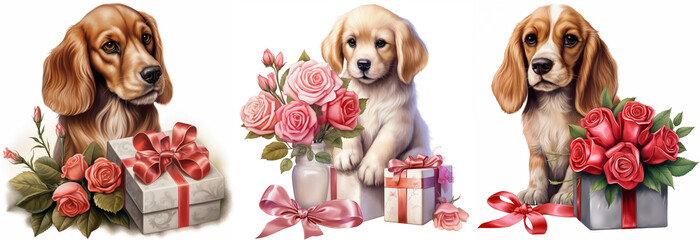 Watercolor dog clipart with gift and flowers - obrazy, fototapety, plakaty