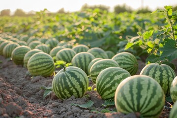 A large field of watermelons stretches into the distance, with a dramatic cloudy sky, signaling a bountiful summer crop. Fresh watermelons in field on sunny day.