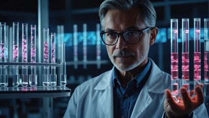 scientist holding medical testing tubes or vials of medical pharmaceutical research with blood cells and virus cure using DNA genome sequencing biotechnology as wide banner hologram