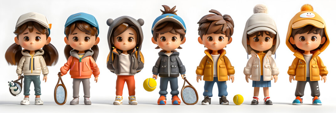 A 3D cartoon render of playful children dressed in tennis outfits.