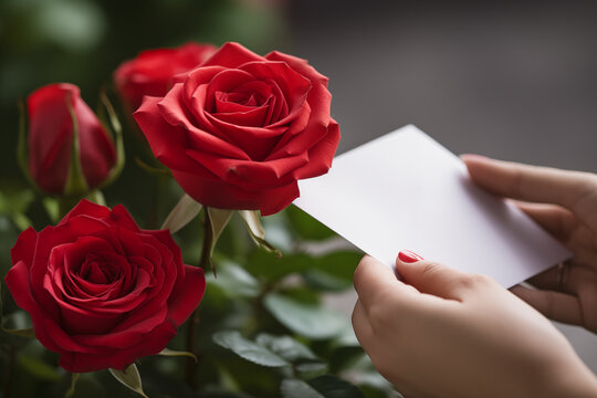 Hand holding blank card or letter with copy-space, with red roses on background, for Valentine's Day or Birthday
