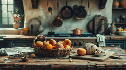 Obraz na płótnie Canvas Rustic Breakfast Preparation, Fresh Organic Ingredients on Wooden Table, The Essence of Homely Cooking