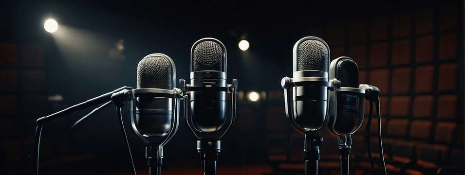 two chairs and microphones in podcast or interview room isolated on dark background as a wide banner for media conversations or podcast streamers concepts with copyspace
